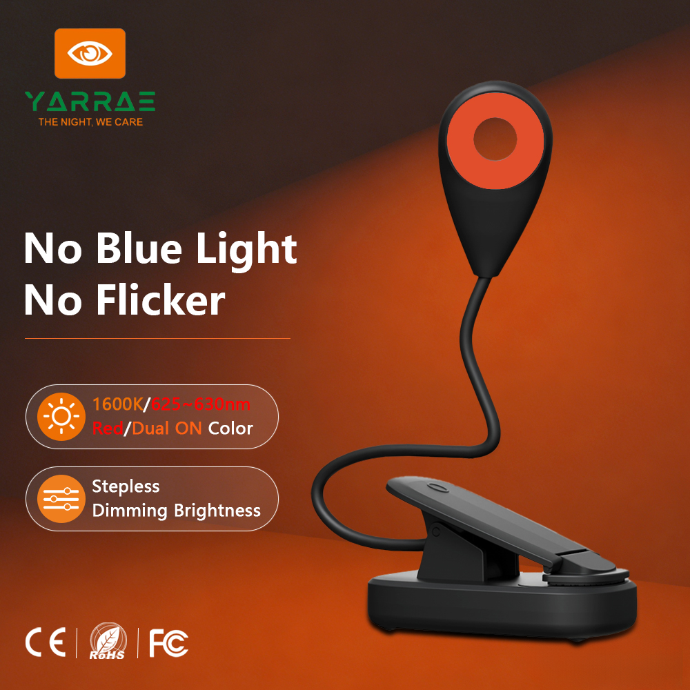 2.5W 200lm 625~630 nm Red & 1600K Amber Color Black Body Portable Clip On Led Book Light