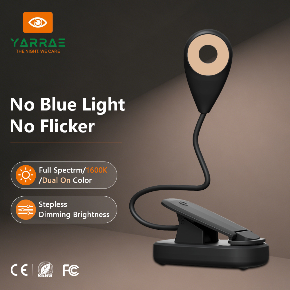 CE/Rohs/FCC Certified 4000K Full Spectrum & 1600K Amber Color Black Body Portable Clip On Led Book Light