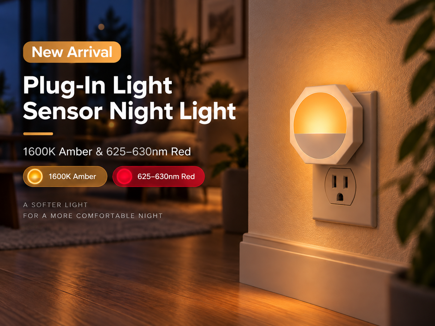 New Plug-In Light Sensor Night Light with Stepless Dimming | 1600K Amber & 625–630nm Red