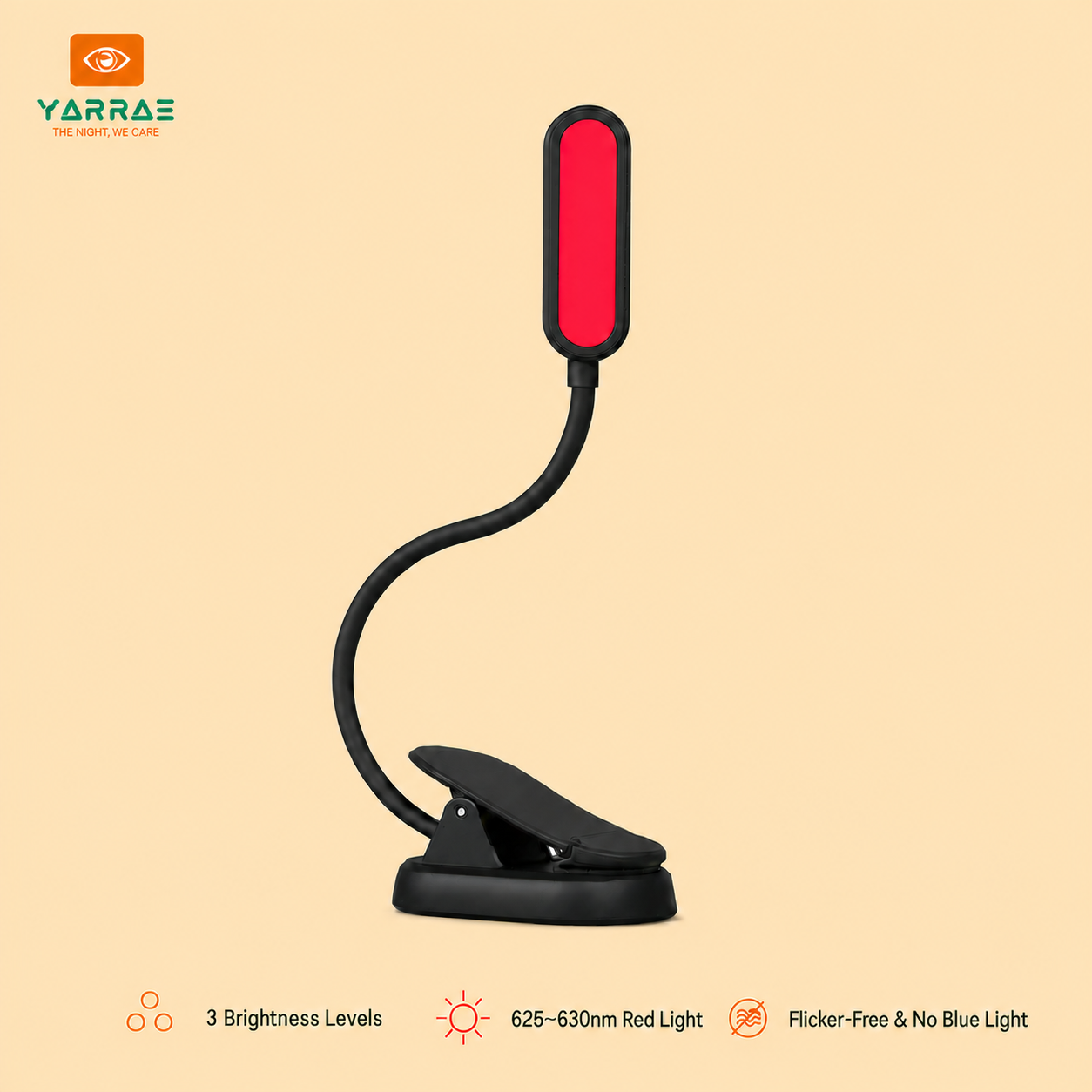 No Blue Light 1.5W 120lm Led Book Light 625~630 nm 660/670 nm Red Color 3 Level Brightest Reading Light Black Body
