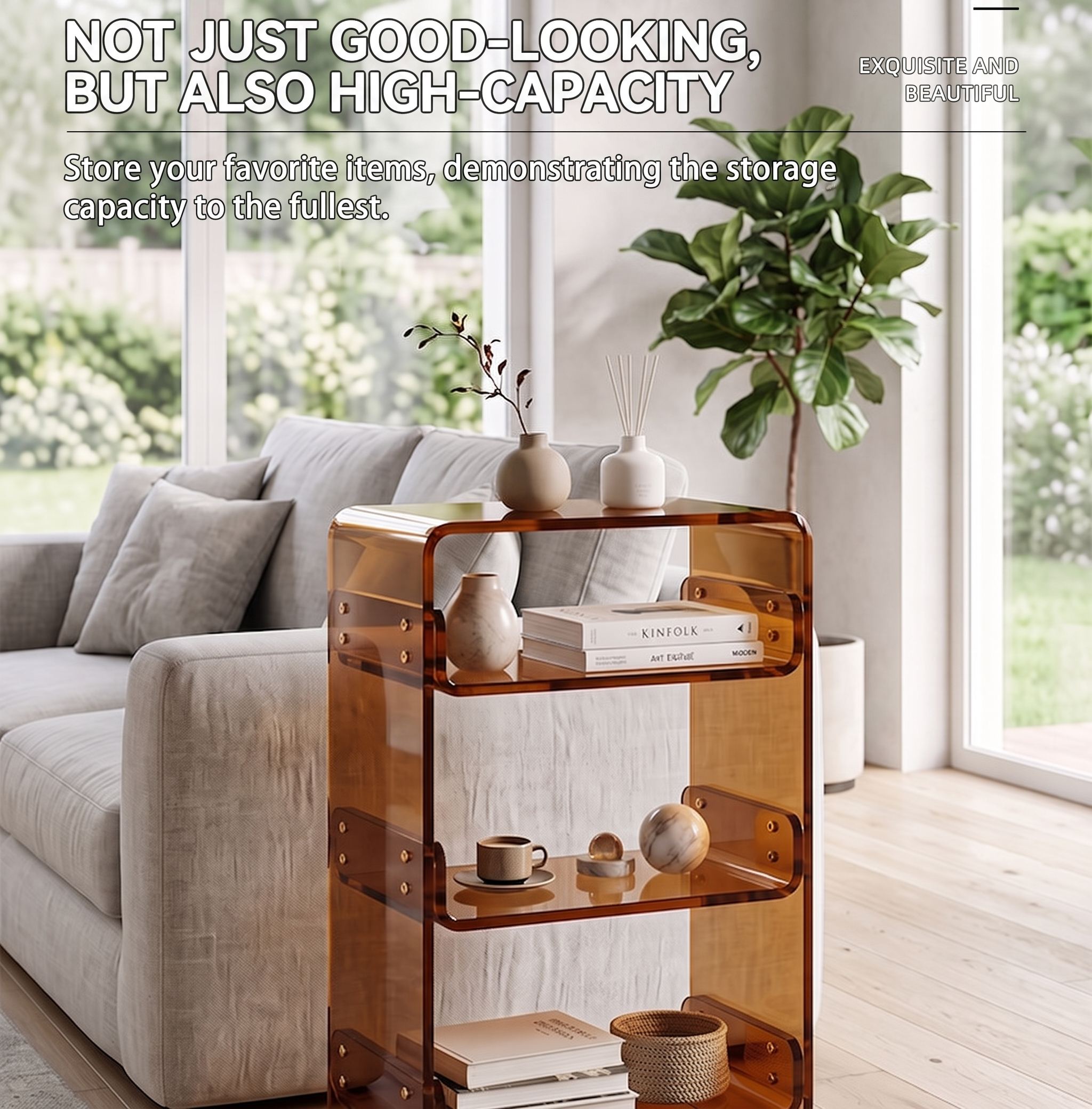 Custom Amber Acrylic Side Tables | Curved Multi-Tier Storage Shelves