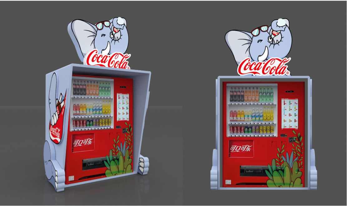 Coca-Cola themed vending machine display integrated with custom character structure for theme park retail.png