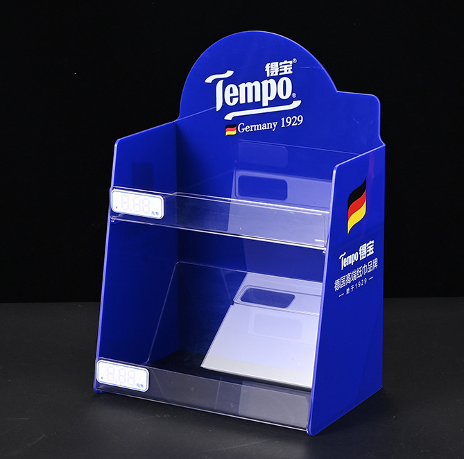 Custom 2-Tier Acrylic FMCG Counter Display Stand with Price Tag Channels