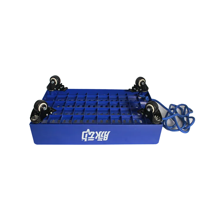 Injection molded beverage crate floor display showing reinforced corners and caster attachment points.webp