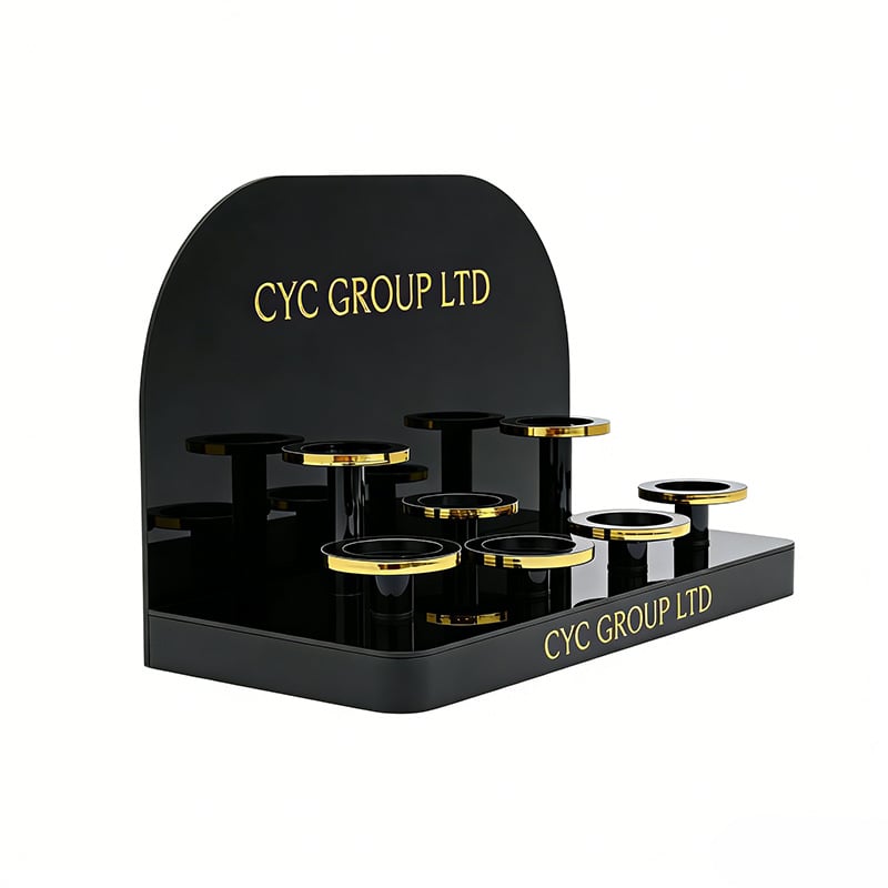 Custom Luxury Black Acrylic Perfume Stands | Gold-Rimmed Podiums