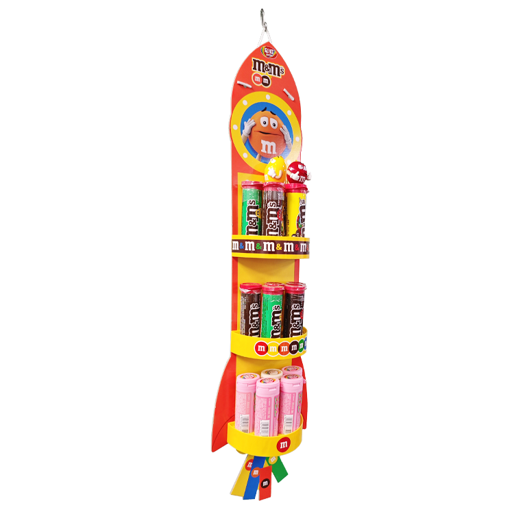 Hanging candy display rack with embedded plastic trays.png