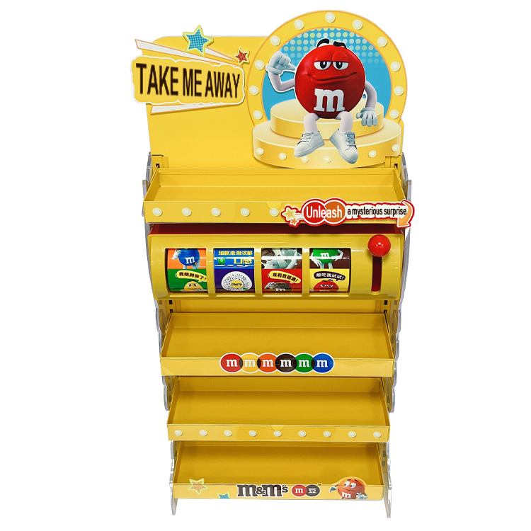 Slot machine style snack POP display with interactive pull handle.png