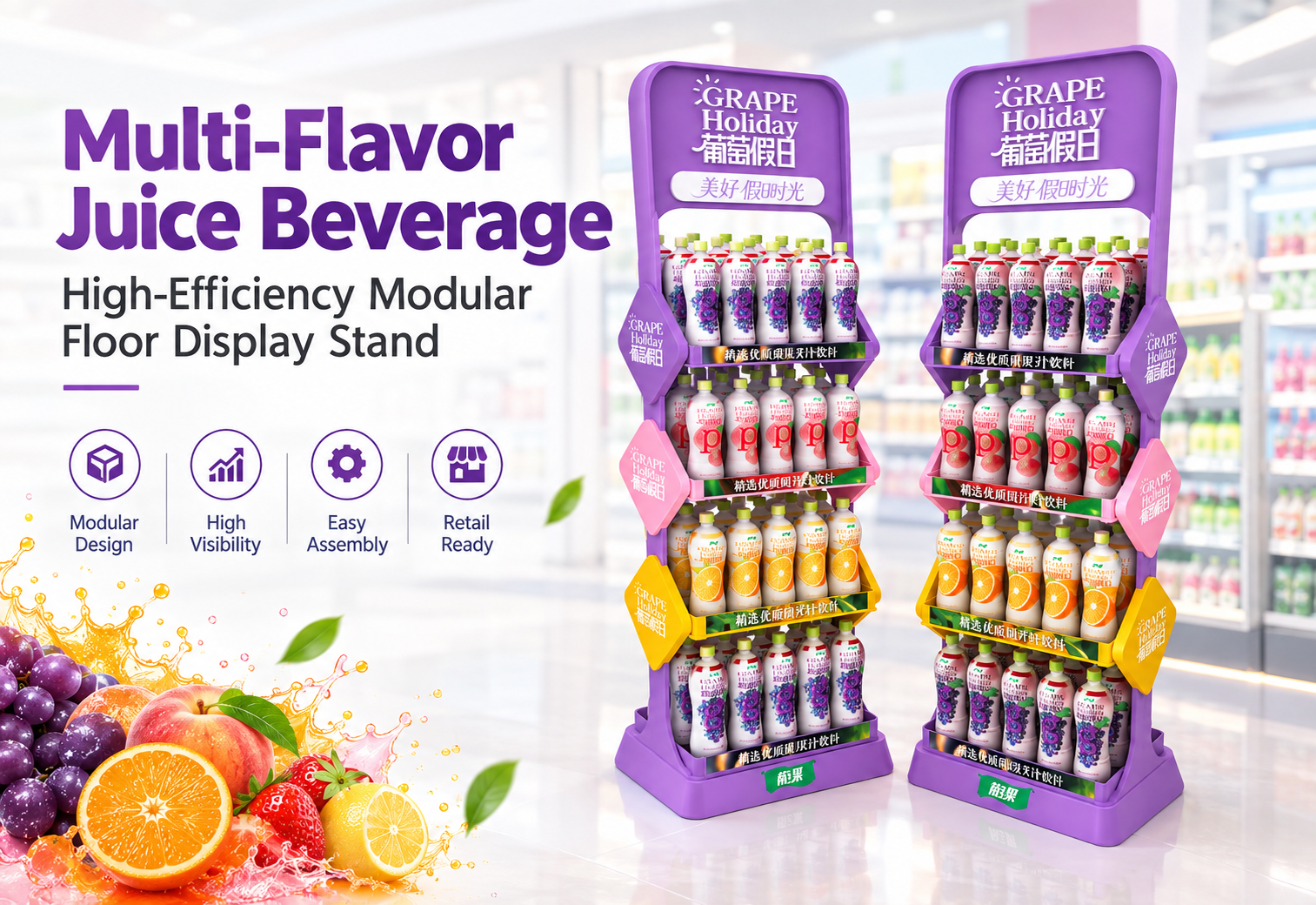 Multi-Flavor Juice Beverage High-Efficiency Modular Floor Display Stand