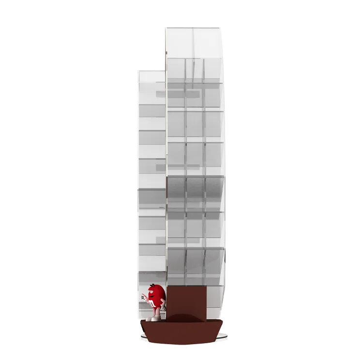 Transparent chocolate POP display rack with architectural sailboat silhouette.webp
