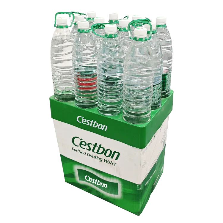 Injection-molded tray with bottom limiters securing beverage boxes in retail display.webp