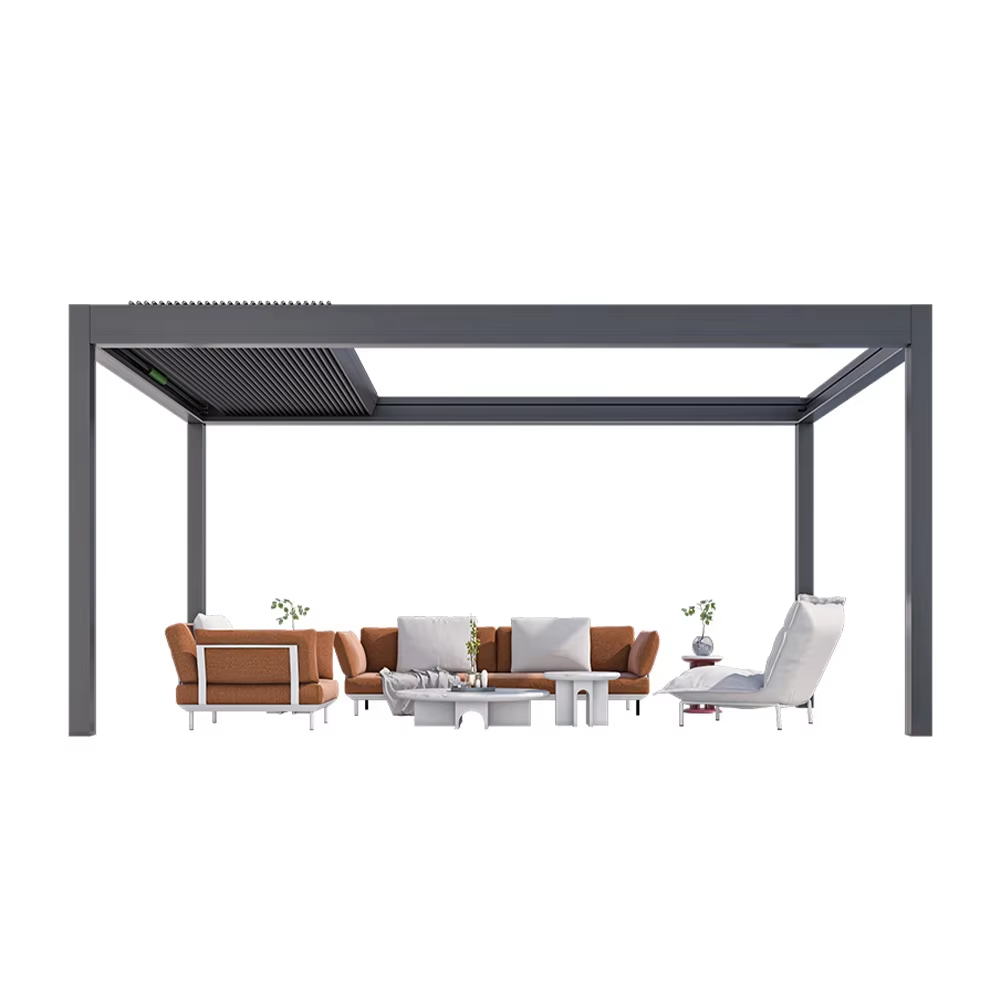 Luxury Retractable Top Aluminum T5 Pergola Outdoor Louvre Sliding Glass System Sunshade Curtain LED Lights Powder Coated