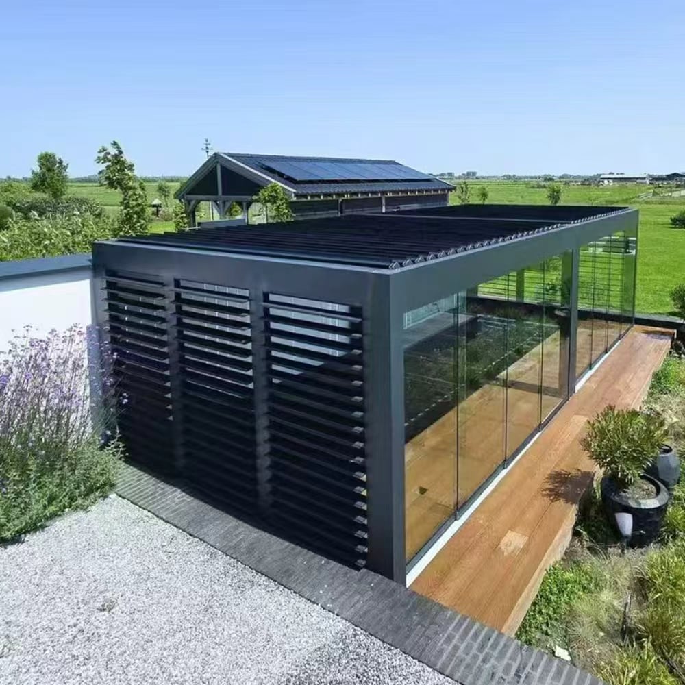 Aluminum Luxury Pergola with Motorized Roof and Sun Shade for Patio Garden Deck with Shutters and Roller Blinds