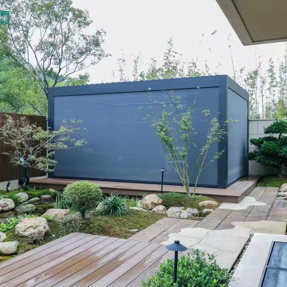 Motorized Roof Eco Pergola Free Standing Aluminum Design with Rolling Curtains Motorized Zip Screens for Outdoor Garden