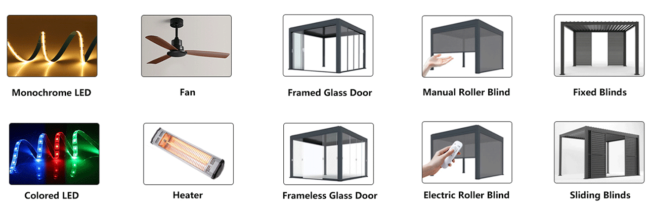 Bioclimatic Aluminum Pergola Retractable Waterproof Louvre with Glass Doors Sunshade Curtain LED Lights Powder Coated Easily Assembled