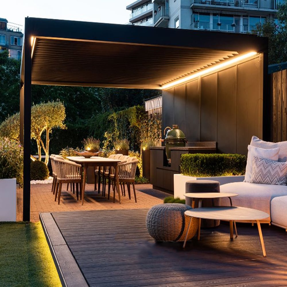 Bioklimatisk Pergola justerbare spjæld automatisk fjernbetjening nem at samle have gazebo balkon pavillon med LED-lys