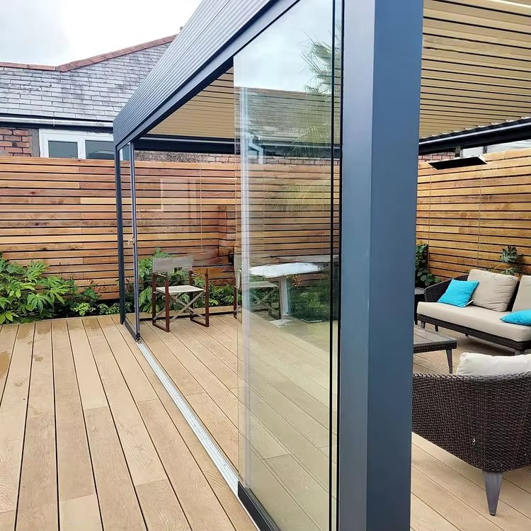 Aluminum Luxury Pergola with Motorized Roof and Sun Shade for Patio Garden Deck with Shutters and Roller Blinds