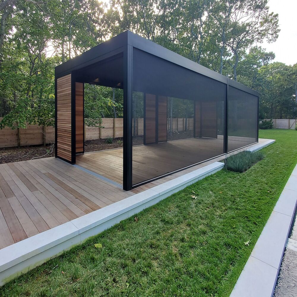 Luxury Bioclimatic Glass Pergola Greenhouse Powder Coated Frame LED Accessory Optional Screen for Backyard Gardening Gazebo Style