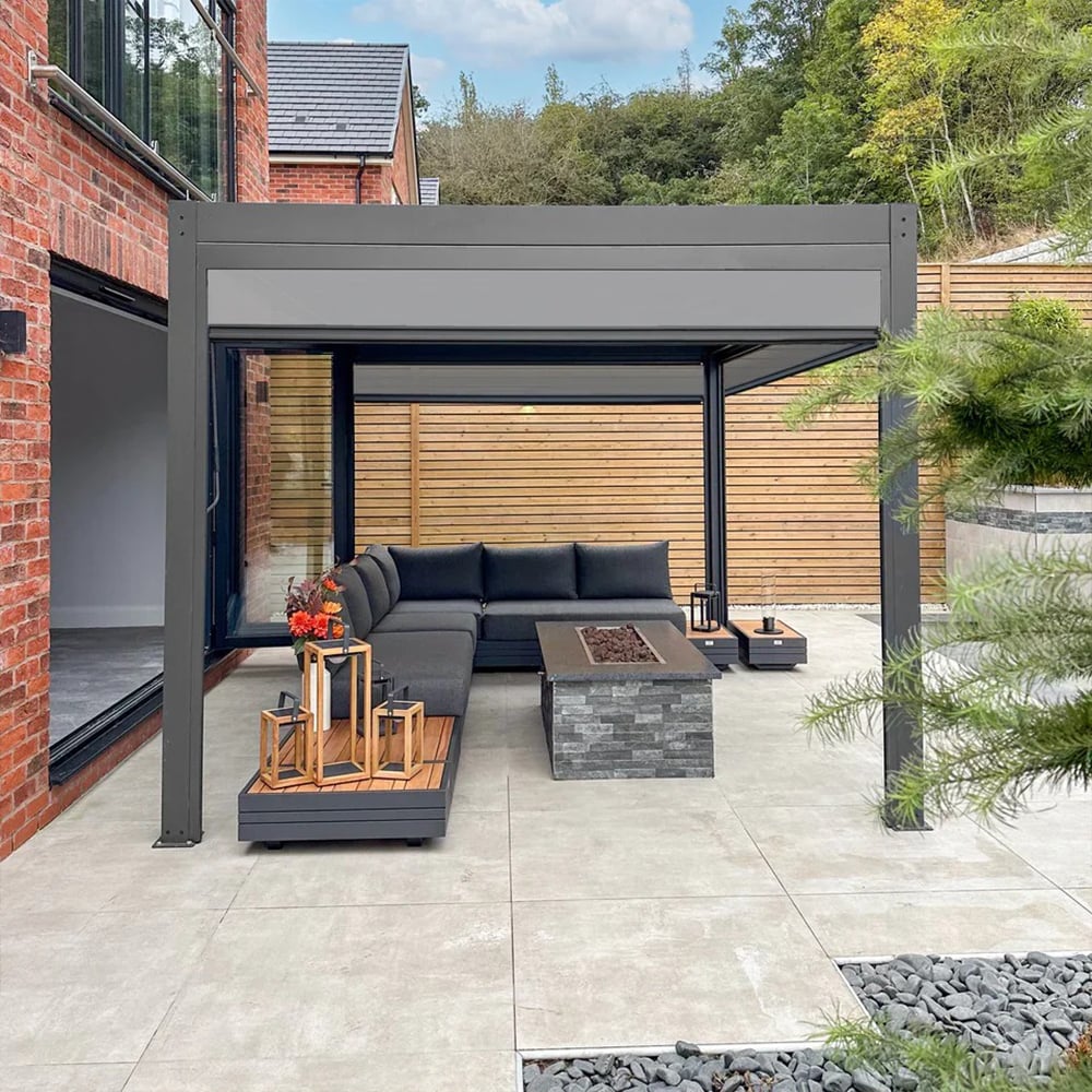 Motoriseret tag Eco Pergola selvstændig aluminiumsdesign med rullende gardiner motoriserede lynlås skærme til udendørs have