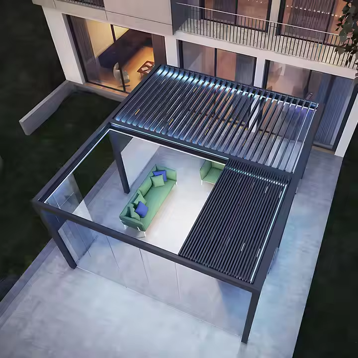 Luxury Bioclimatic Retractable Waterproof Pergola Glass Doors Louvre System Sunshade Curtain LED Lights Powder Coated Easily Assembled