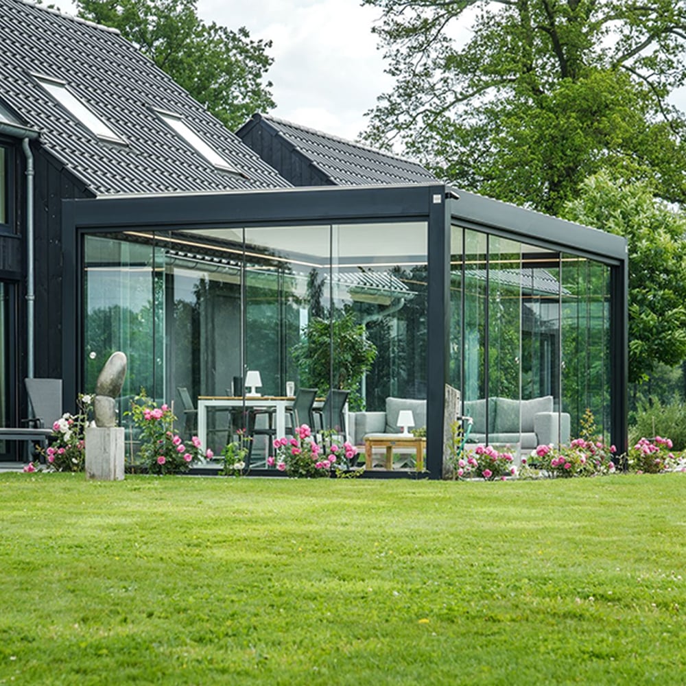 Wall Installation Outdoor Sunroom Aluminum Louvered Roof Luxury Pergola with Glass Door Efficient Drainage Modern Design for Garden