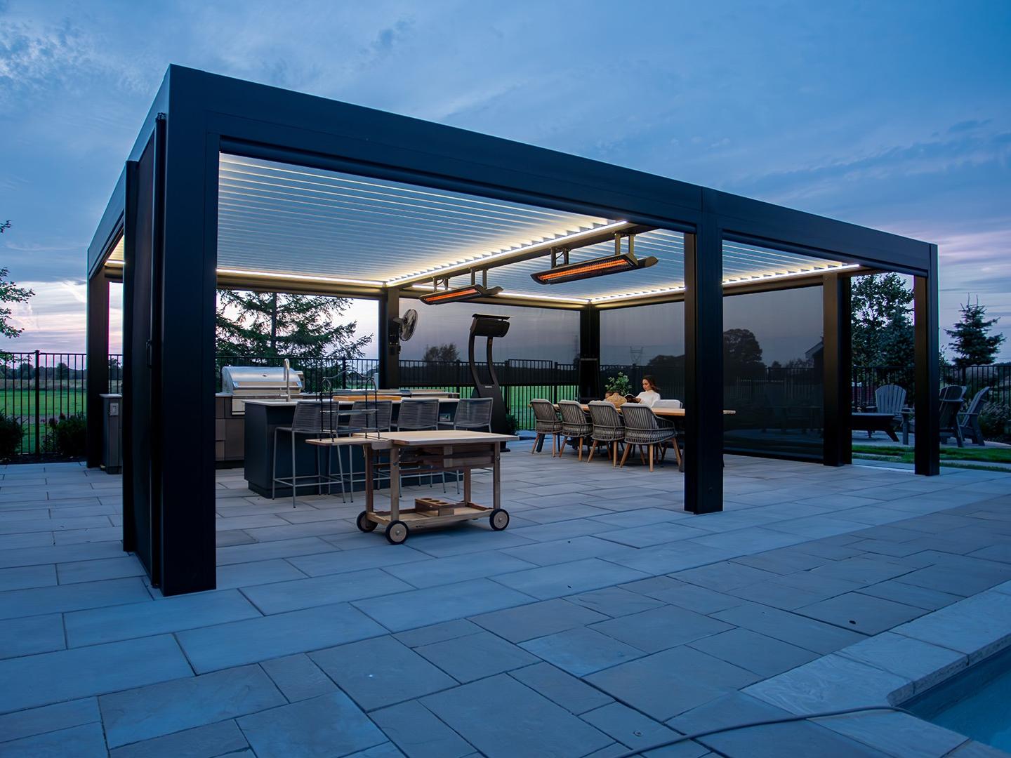 Bioclimatic Aluminum Pergola Retractable Waterproof Louvre with Glass Doors Sunshade Curtain LED Lights Powder Coated Easily Assembled