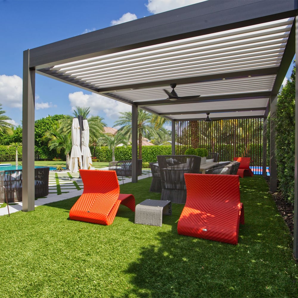 Wall Installation Outdoor Sunroom Aluminum Louvered Roof Luxury Pergola with Glass Door Efficient Drainage Modern Design for Garden