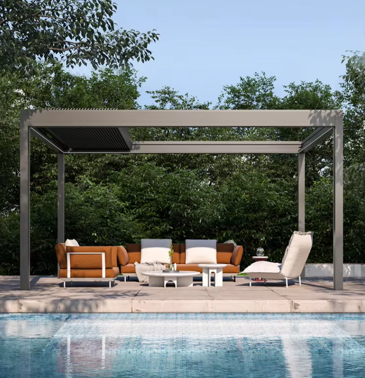 Bioclimatic Aluminum Pergola Retractable Waterproof Louvre with Glass Doors Sunshade Curtain LED Lights Powder Coated Easily Assembled
