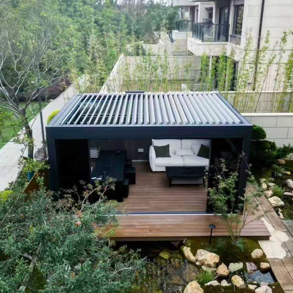 Aluminum Motorized Louver Gazebo Heavy Duty Pergola Alloy Flipped Blades Roof for Backyard Gardening with Electric Screen