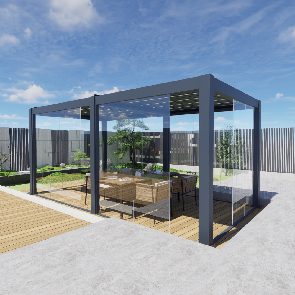 Bioclimatic Pergola Frameless Glass Doors with Aluminum sliding rails