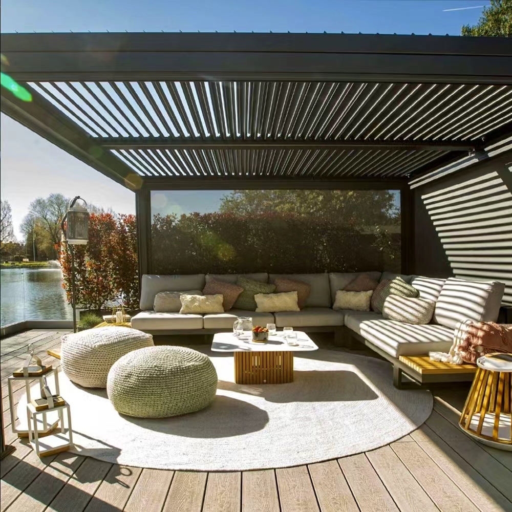 Motorized Roof Eco Pergola Free Standing Aluminum Design with Rolling Curtains Motorized Zip Screens for Outdoor Garden