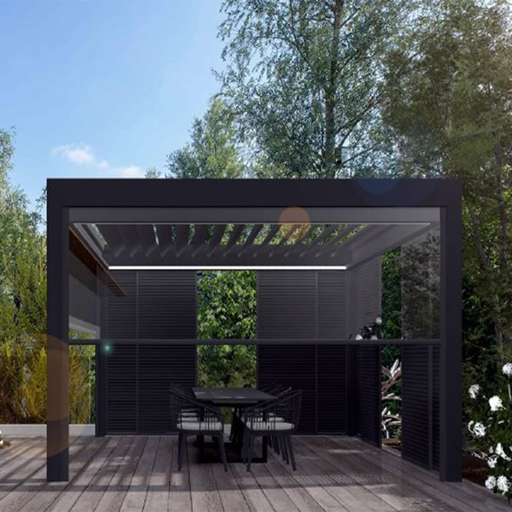 Luukse Bioklimatiese Glaspergola Seelse Kader met Poederlak LED-toebehore Opsionele Skerm vir Agtertuin Tuinbou Gazebo-styl