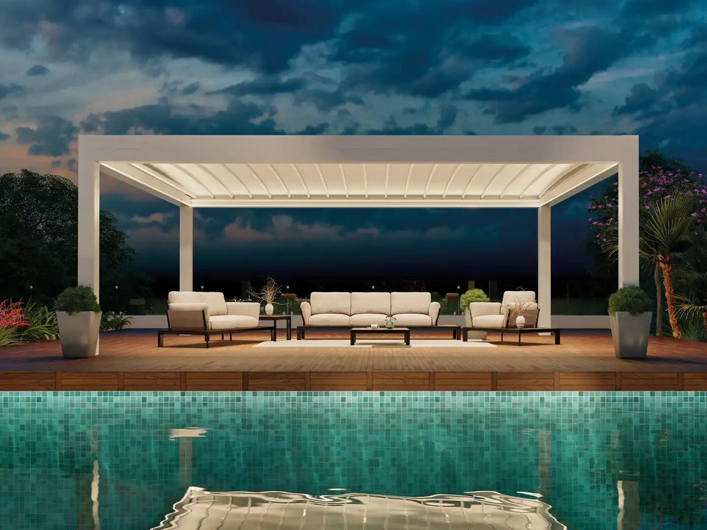 Bioclimatic Retractable Pergola Waterproof Glass Doors Louvre System Sunshade Curtain LED Lights Powder Coated Easily Assembled