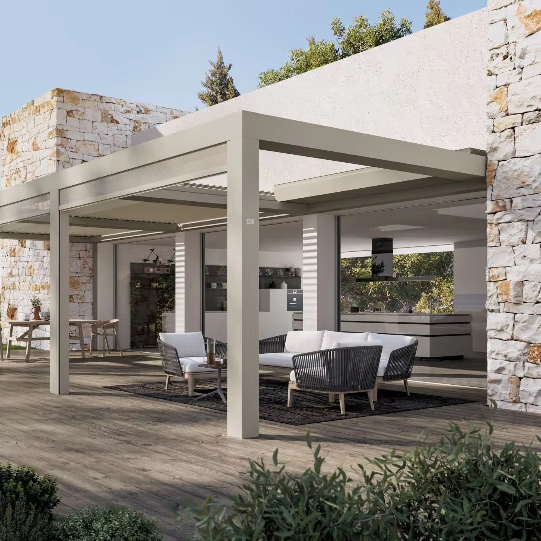 Bioclimatic Aluminum Pergola Retractable Waterproof Louvre with Glass Doors Sunshade Curtain LED Lights Powder Coated Easily Assembled
