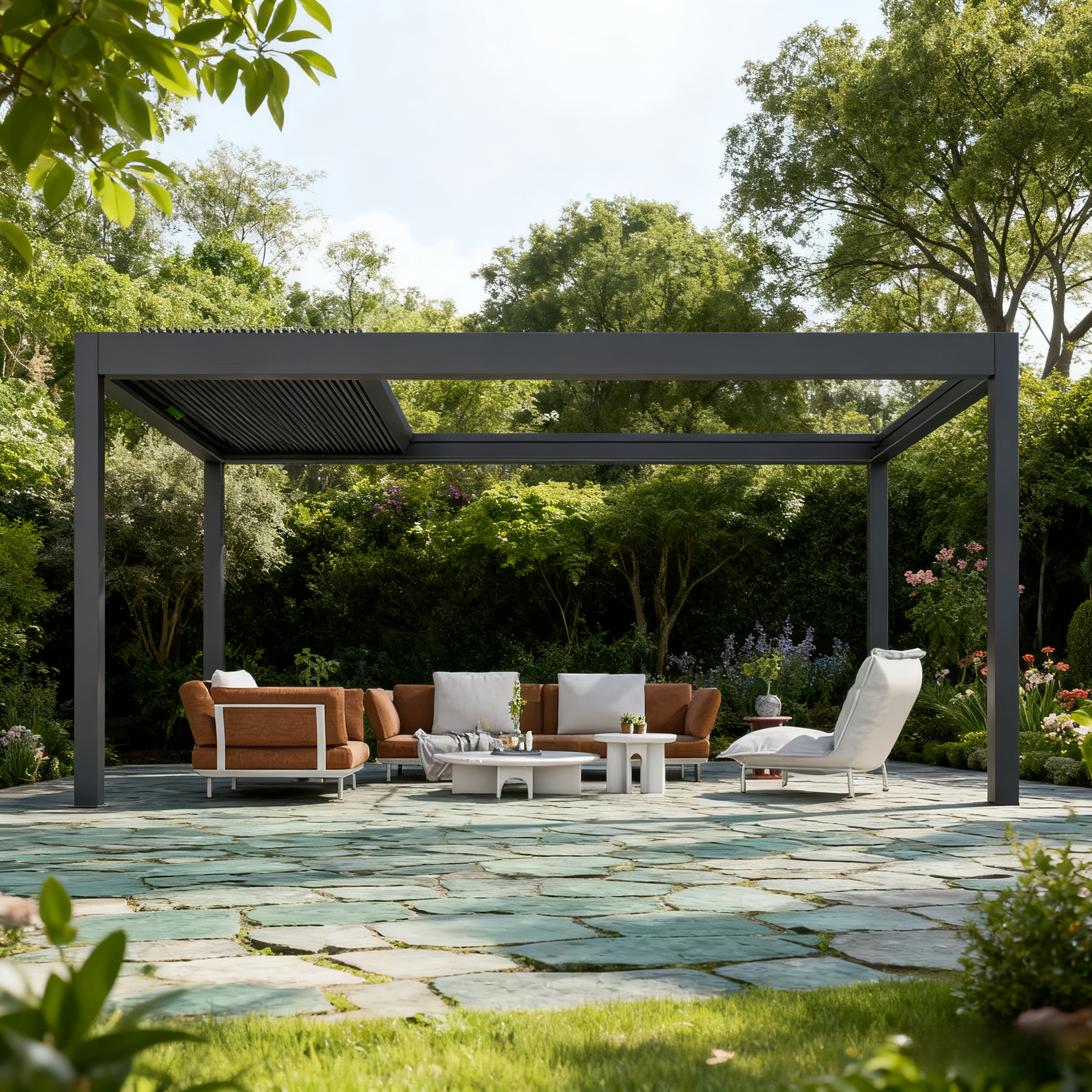 Outdoor Freestanding Retractable Pergola with Adjustable Louvers and Waterproof Sun Shade Canopy