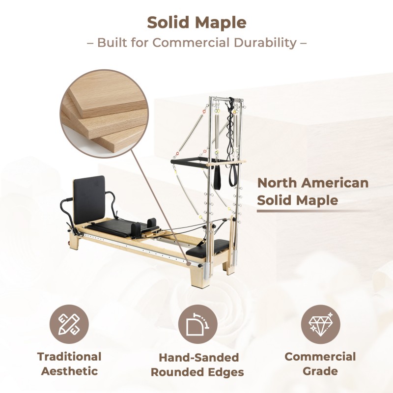Full-track Maple Pilates Reformer with Half Tower details