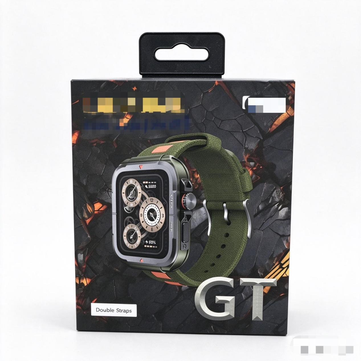 Rugged Black Smartwatch Box with Hanging Tab and Dual Straps Space