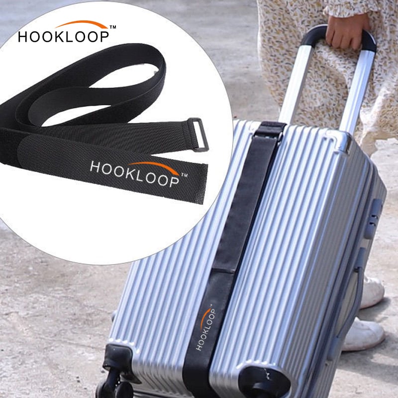 Black Nylon Plastic / Iron Buckle Self-Adhesive Hook And Loop Luggage Strap