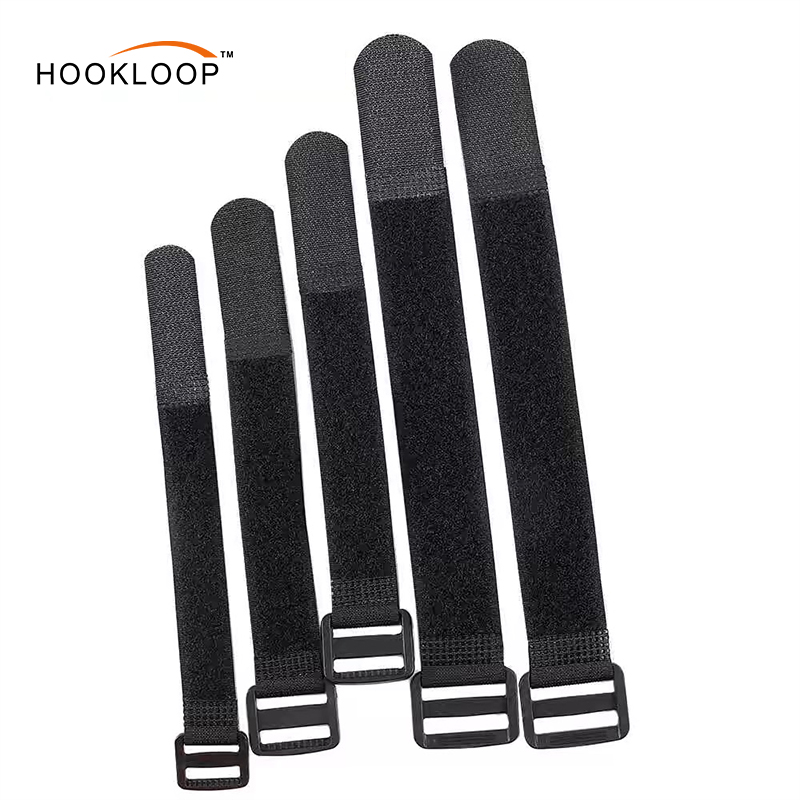 Black Nylon Heavy Duty Reusable Hook and Loop Cinch Straps Adjustable Fastening Securing Cable Straps With Plastic Buckles