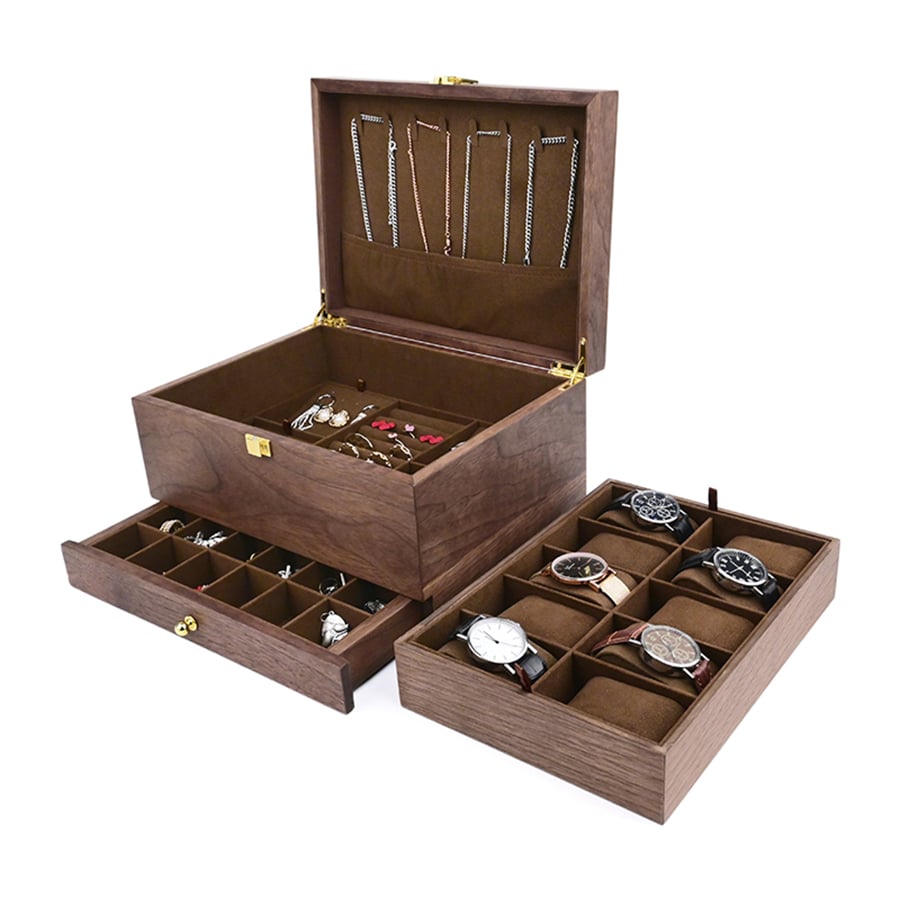 Vintage-Hürsen aus Holz, Schmuckkasten, Halskette und Uhr, Schmuckfach