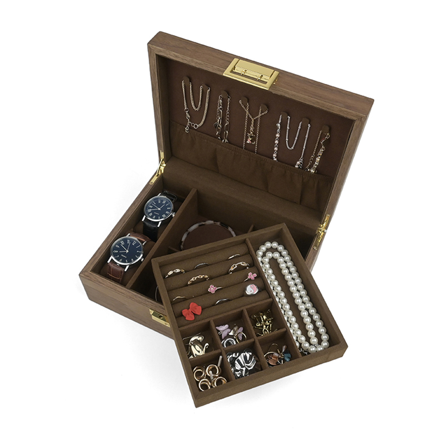 High-End-Holz-Aufbewahrungsbox mit Schloss für Schmuck, Halsketten und Ringe, leicht luxuriös