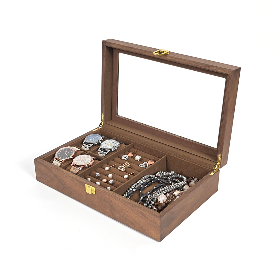 Neue chinesisch gestaltete Holz-Uhr- und Schmuckbox, Verpackungsbox für Ringe und Ohrringe, durchsichtige Schmuckbox.