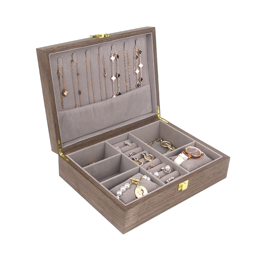 Klappbare 3+7-Holz-Uhr- und Schmuckbox, Aufbewahrungsbox für Halsketten und Accessoires