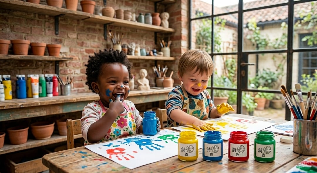 Toddler with paint covered hands engaging in sensory finger painting