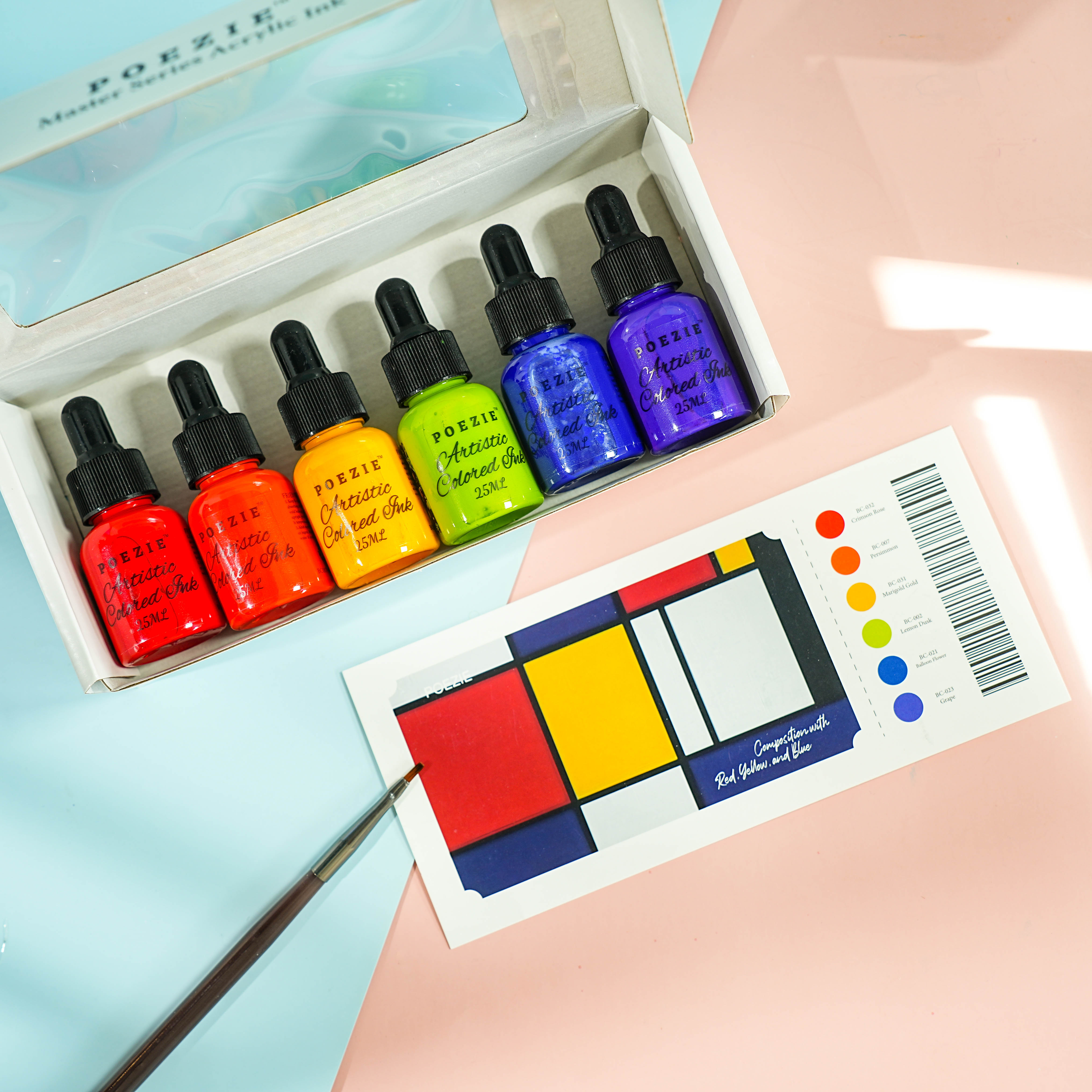 Poezie 6-Color Waterproof Acrylic Ink – Ultra-Smooth Non-Clogging Liquid Paint Set with Precision Dropper