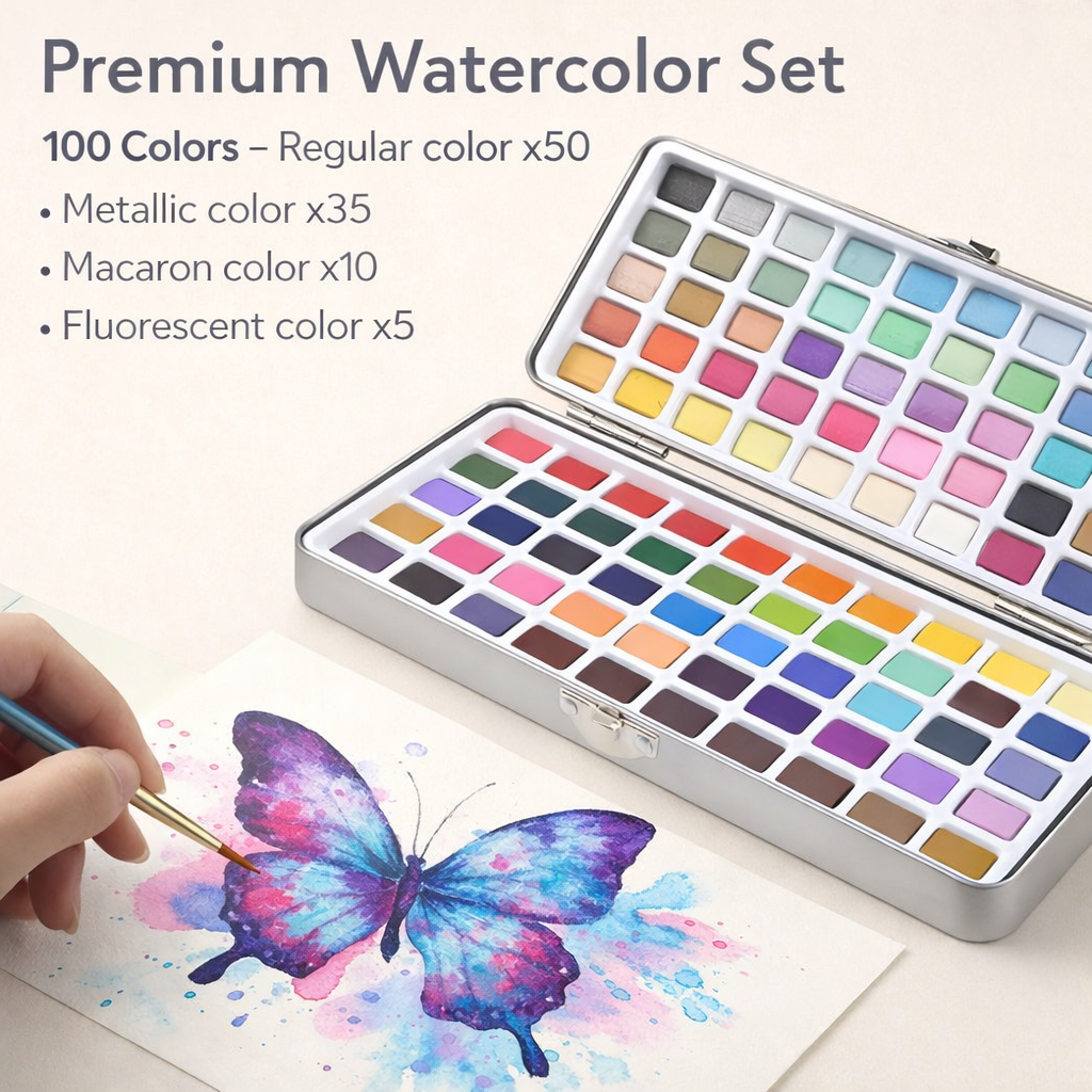 Poezie 100 watercolor palette with included pen and brushes layout
