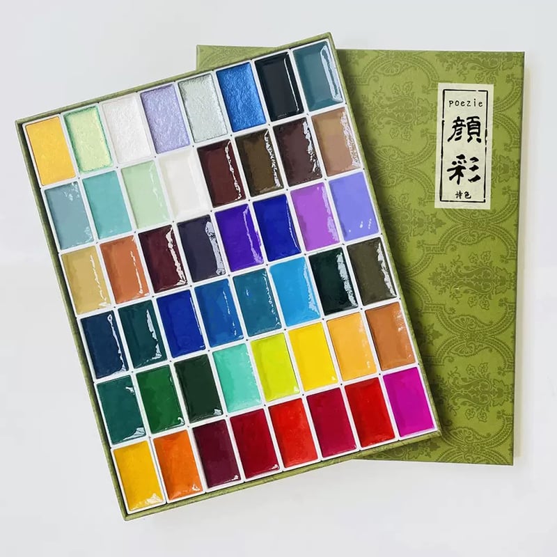 Detailed Closeup View of Poezie 48 Solid Watercolor Pans and Meticulous Color Grid Alignment