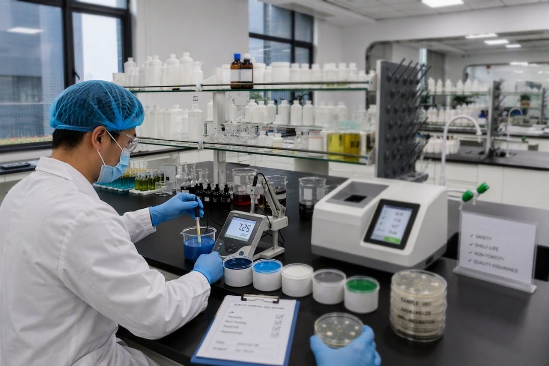 Laboratory technician micro dosing bittering agent using precision analytical scales