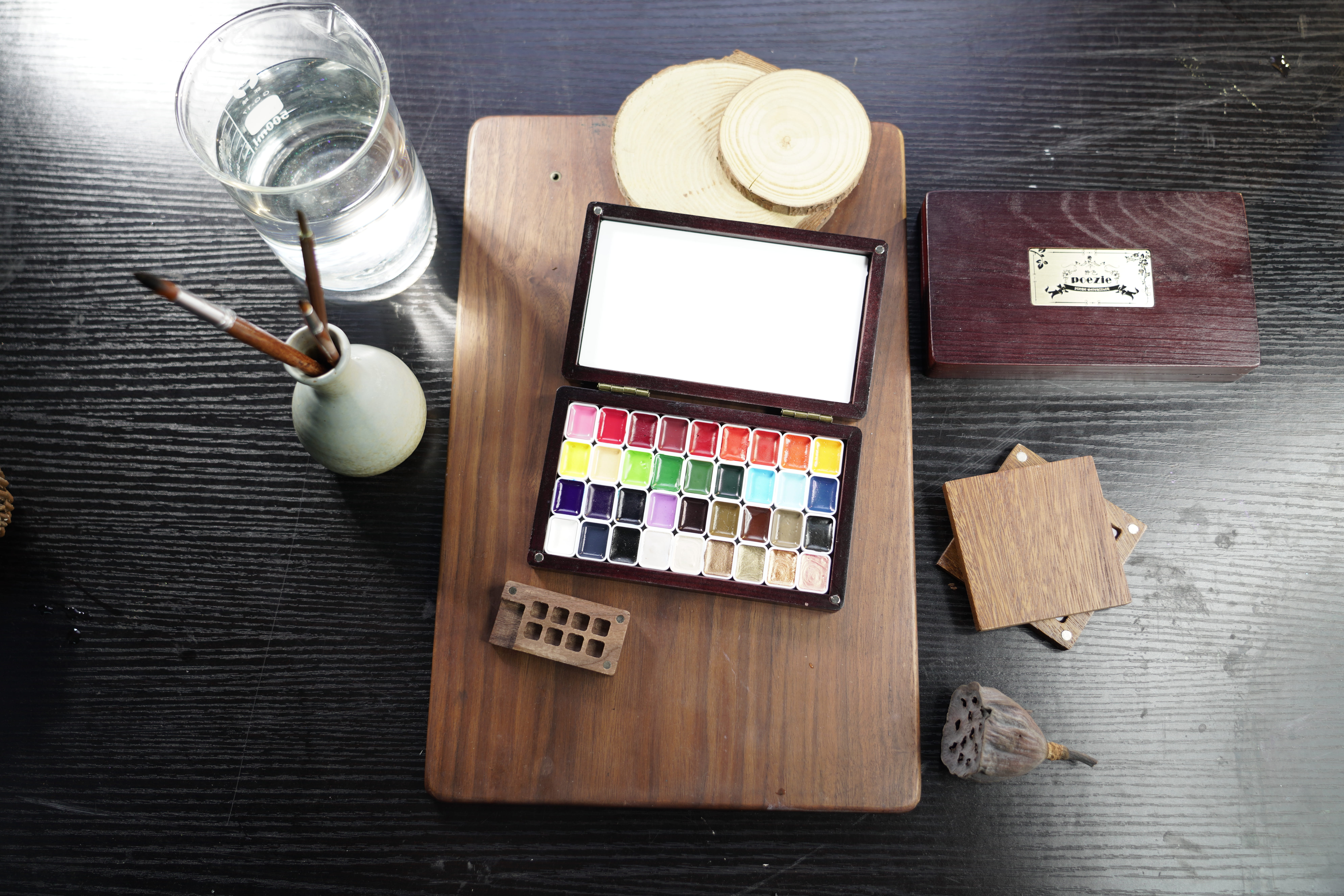 Open view of 36-color watercolor set