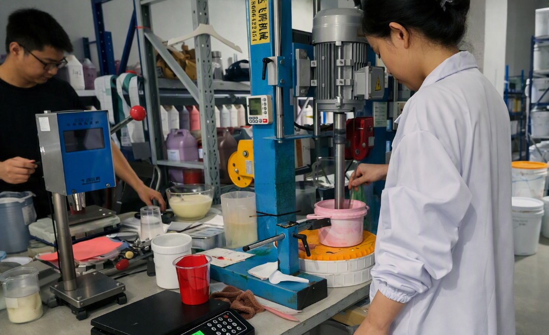 Technician dispensing liquid watercolor paint into half pans in OEM lab