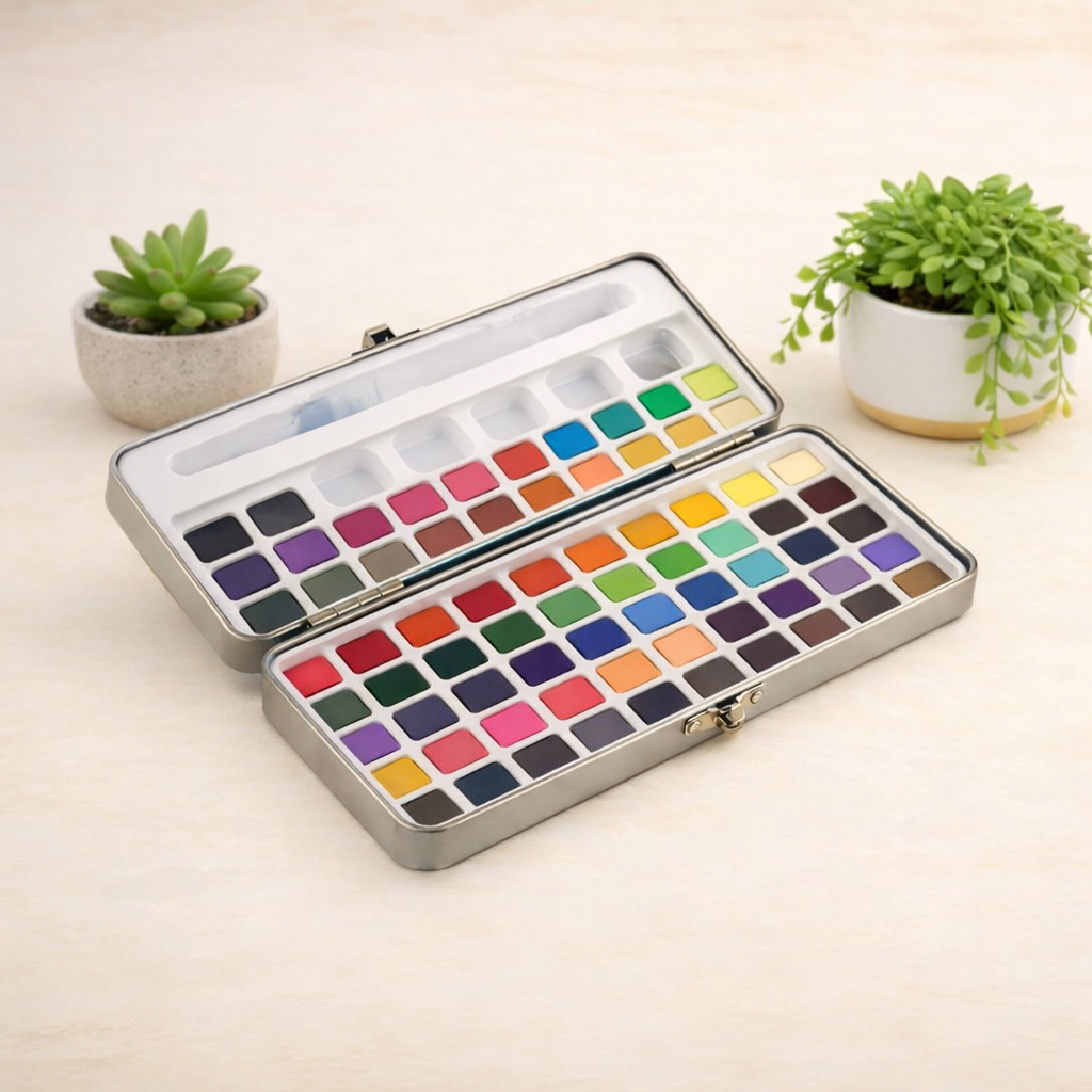 Poezie Professional 72-Color Solid Watercolor Paint Set – Travel Tin Kit with Metallic, Fluorescent Effects and Water Brush Pen